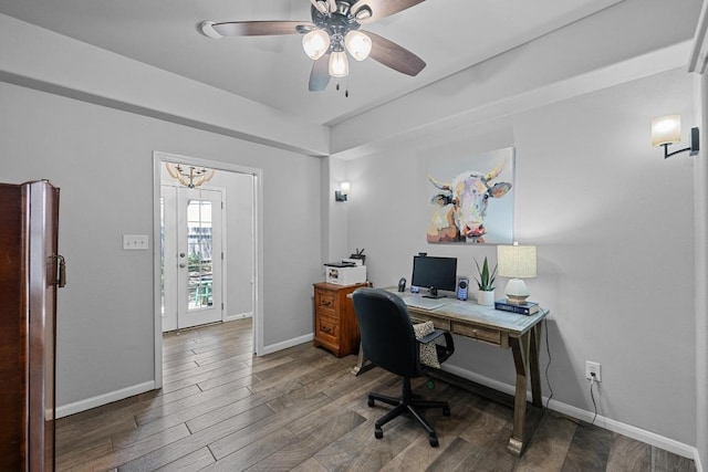 10216 Chaska Cv, Austin, TX 78739 - office space featuring wood finished floors, ceiling fan, baseboards, and lofted ceiling