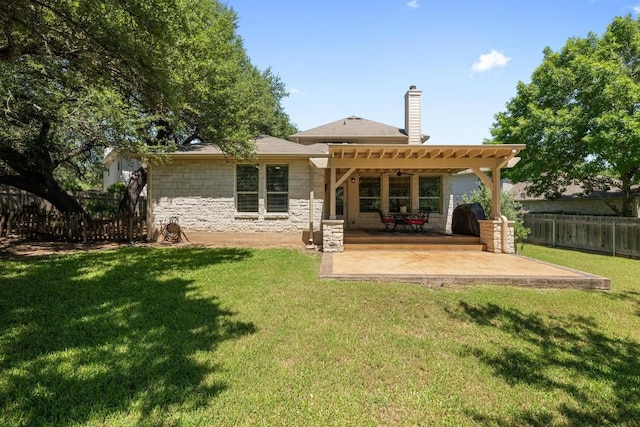 10216 Chaska Cv, Austin, TX 78739 - rear view of house featuring a pergola, a patio, stone siding, and a chimney