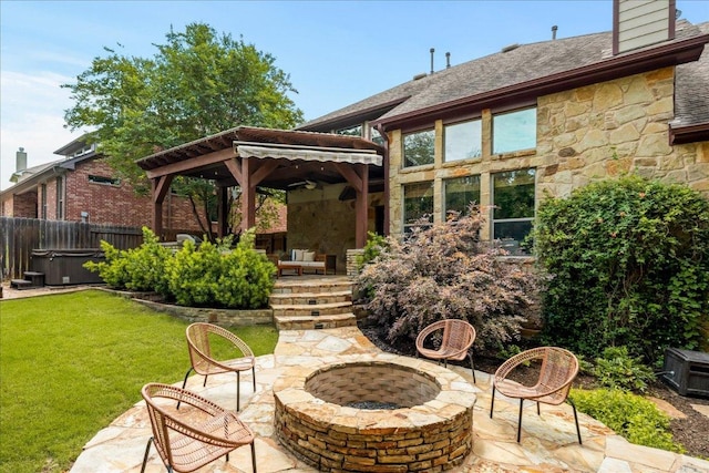 12920 Little Dipper Path, Austin, TX 78732 - view of patio with an outdoor fire pit, a gazebo, and a hot tub