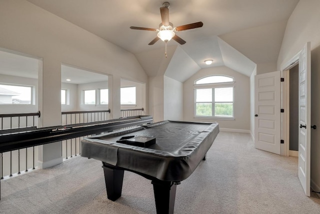game room featuring light carpet, a ceiling fan, pool table, lofted ceiling, and baseboards