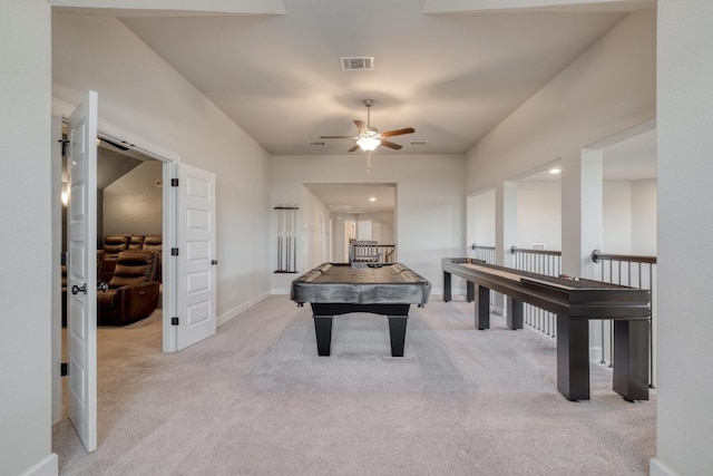 game room featuring a ceiling fan, carpet flooring, billiards table, and baseboards