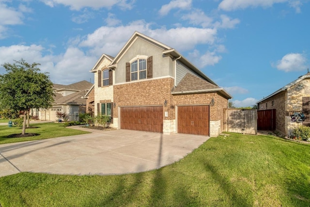 traditional home with concrete driveway, a garage, stone siding, and brick siding