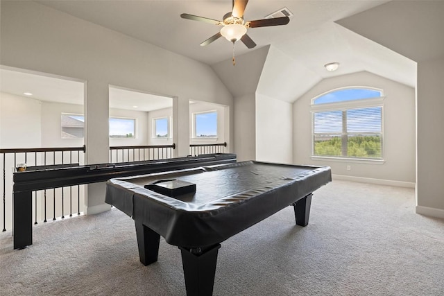 3351 Vasquez Pl, Round Rock, TX 78665 - rec room with carpet flooring, ceiling fan, pool table, and vaulted ceiling