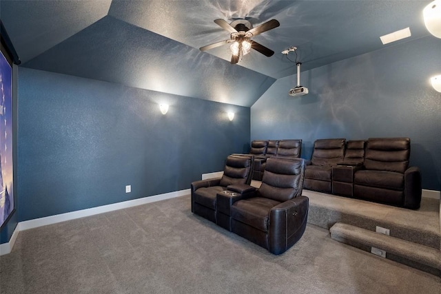 3351 Vasquez Pl, Round Rock, TX 78665 - carpeted home theater featuring a ceiling fan and vaulted ceiling