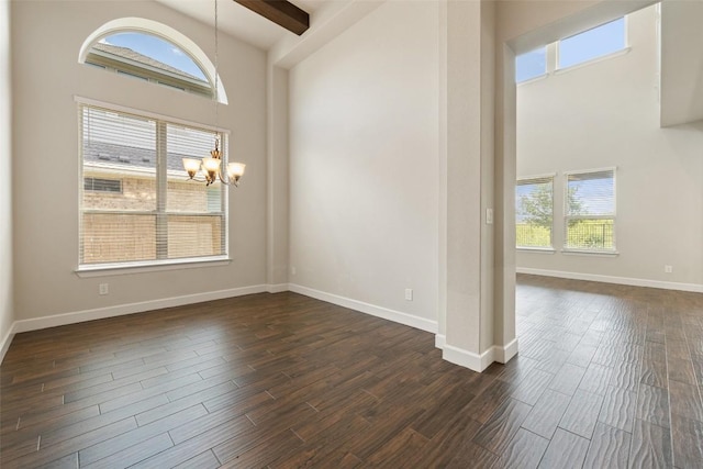 3351 Vasquez Pl, Round Rock, TX 78665 - spare room featuring a chandelier, high vaulted ceiling, healthy amount of natural light, dark wood-style floors, and beamed ceiling
