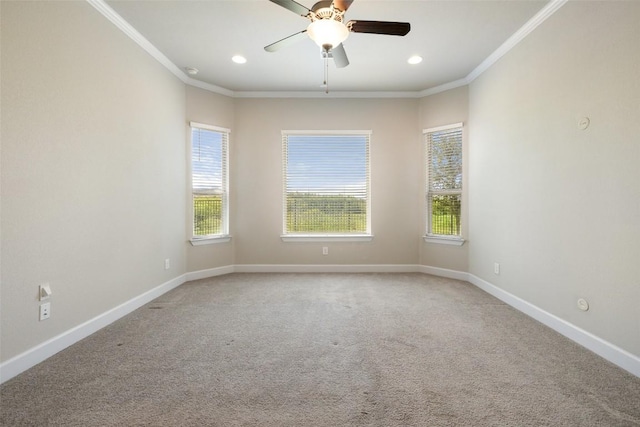 3351 Vasquez Pl, Round Rock, TX 78665 - unfurnished room featuring healthy amount of natural light, carpet, crown molding, ceiling fan, and recessed lighting