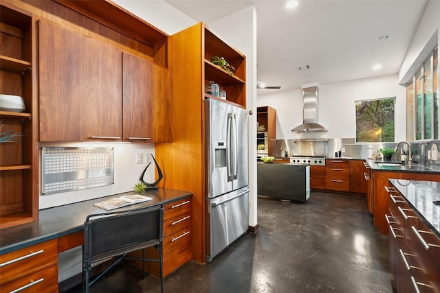5804 Kaelan Cv, Austin, TX 78730 - kitchen with stainless steel fridge, open shelves, wall chimney exhaust hood, and modern cabinets