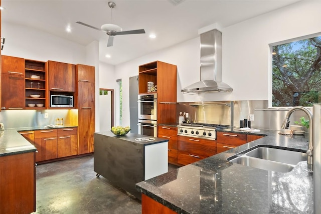 5804 Kaelan Cv, Austin, TX 78730 - kitchen featuring open shelves, modern cabinets, wall chimney exhaust hood, appliances with stainless steel finishes, and a sink
