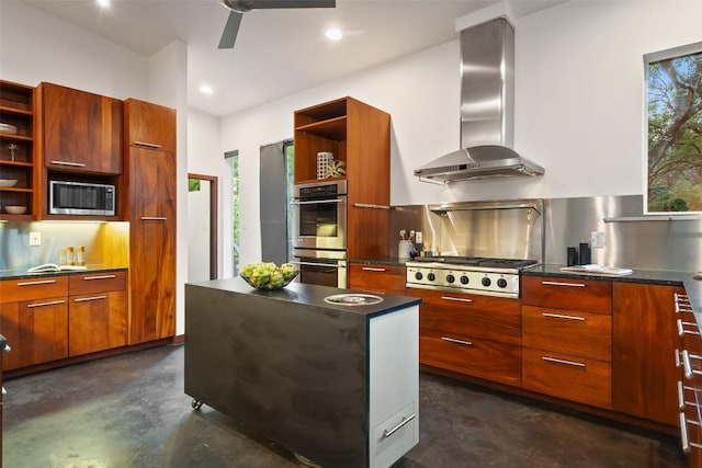5804 Kaelan Cv, Austin, TX 78730 - kitchen featuring open shelves, modern cabinets, stainless steel appliances, wall chimney exhaust hood, and finished concrete floors