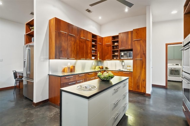 5804 Kaelan Cv, Austin, TX 78730 - kitchen with open shelves, modern cabinets, appliances with stainless steel finishes, concrete floors, and recessed lighting