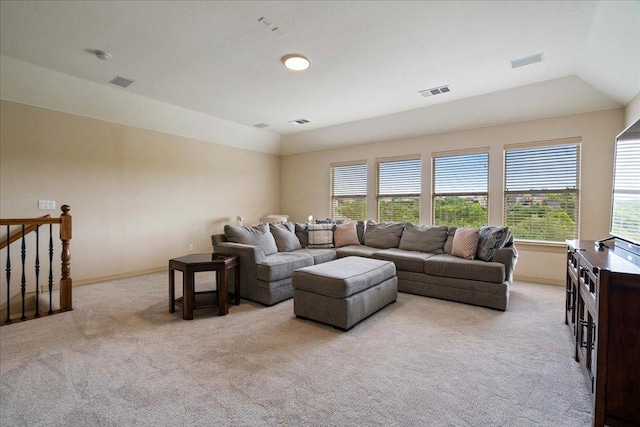 209 Steamboat Xing, Dripping Springs, TX 78620 - living room with light colored carpet, baseboards, and vaulted ceiling