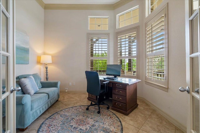 209 Steamboat Xing, Dripping Springs, TX 78620 - home office with light tile patterned floors, crown molding, baseboards, french doors, and a high ceiling
