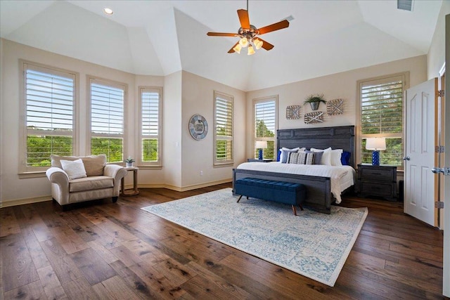 209 Steamboat Xing, Dripping Springs, TX 78620 - bedroom with vaulted ceiling, dark wood finished floors, baseboards, and ceiling fan
