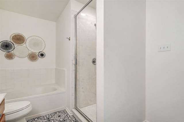 227 Woodlake Dr, Georgetown, TX 78633 - bathroom featuring vanity, a stall shower, a garden tub, and tile patterned floors