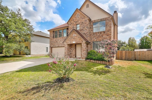 227 Woodlake Dr, Georgetown, TX 78633 - traditional home with brick siding, concrete driveway, a garage, and a chimney