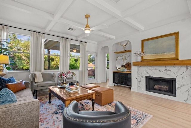 286 Stone View Trl, Austin, TX 78737 - living area with coffered ceiling, ceiling fan, wood finished floors, a fireplace, and beam ceiling