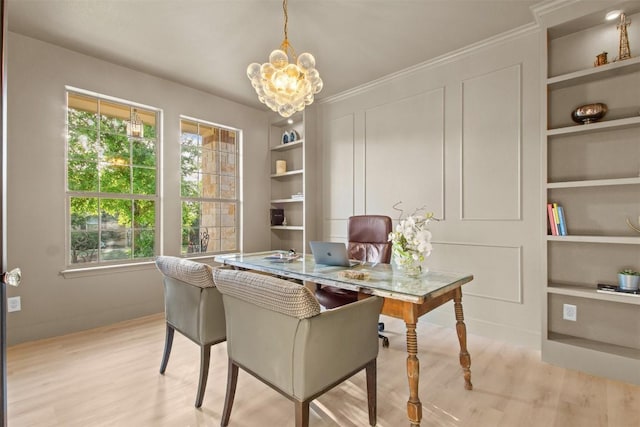 286 Stone View Trl, Austin, TX 78737 - office space featuring light wood finished floors, built in features, and a chandelier