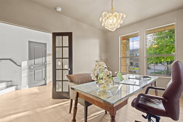 286 Stone View Trl, Austin, TX 78737 - home office featuring a chandelier, vaulted ceiling, and french doors