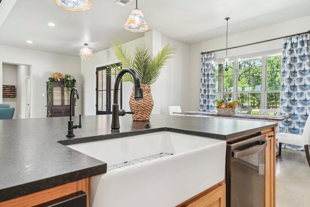 795 Van Bibber Rd, Salado, TX 76571 - kitchen featuring a sink, dark countertops, stainless steel dishwasher, a chandelier, and recessed lighting