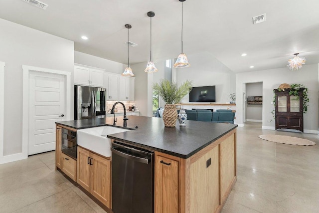 795 Van Bibber Rd, Salado, TX 76571 - kitchen featuring dishwashing machine, stainless steel fridge, a sink, dark countertops, and open floor plan