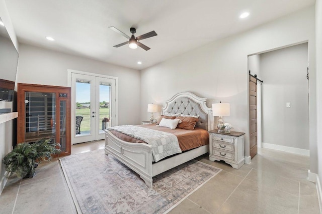 795 Van Bibber Rd, Salado, TX 76571 - bedroom featuring a barn door, access to exterior, french doors, recessed lighting, and light tile patterned flooring