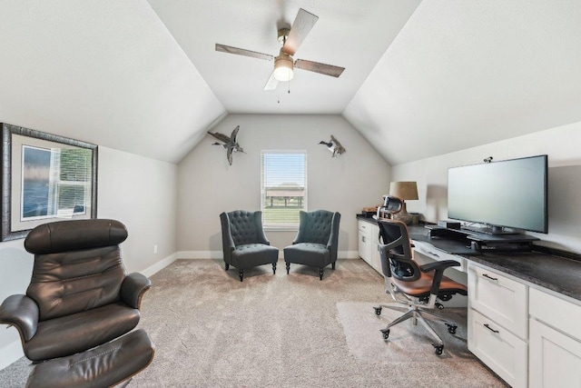 795 Van Bibber Rd, Salado, TX 76571 - office area with light colored carpet, ceiling fan, lofted ceiling, and baseboards