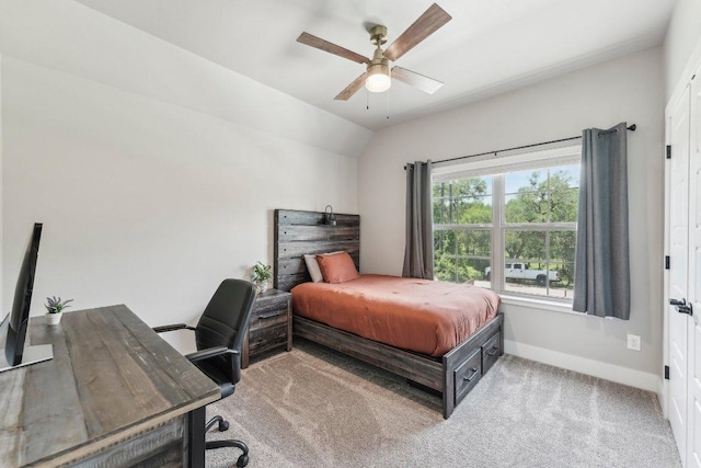 795 Van Bibber Rd, Salado, TX 76571 - bedroom featuring carpet floors, a desk, baseboards, ceiling fan, and lofted ceiling