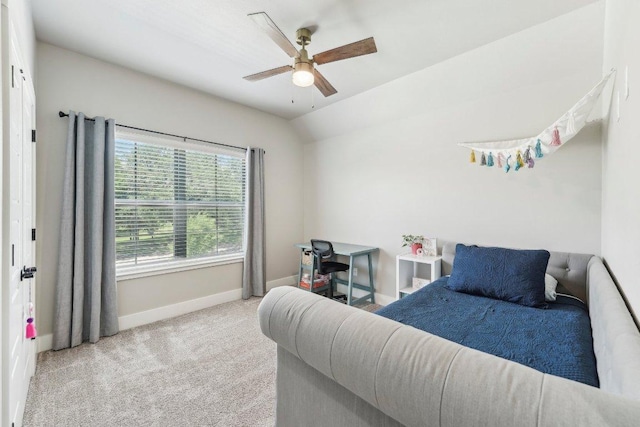 795 Van Bibber Rd, Salado, TX 76571 - carpeted bedroom featuring baseboards, a ceiling fan, and lofted ceiling