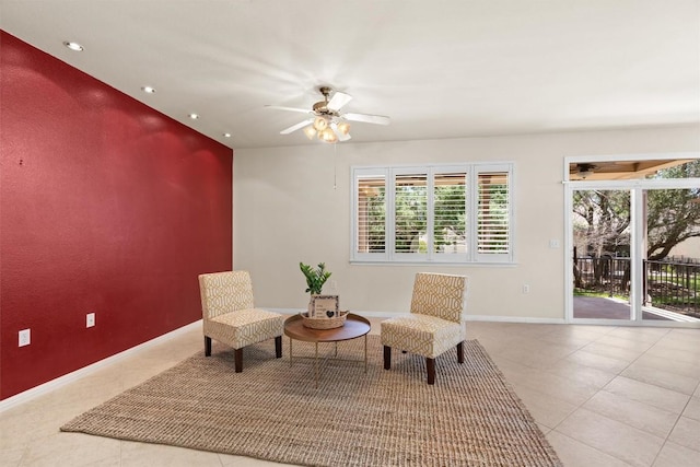403 Dove Hollow Trl, Georgetown, TX 78633 - living area featuring a ceiling fan, baseboards, recessed lighting, and tile patterned flooring
