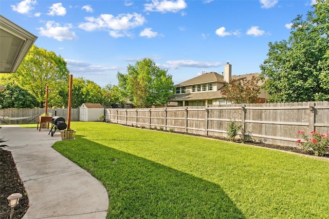 view of yard featuring a storage shed, an outdoor structure, and a patio area