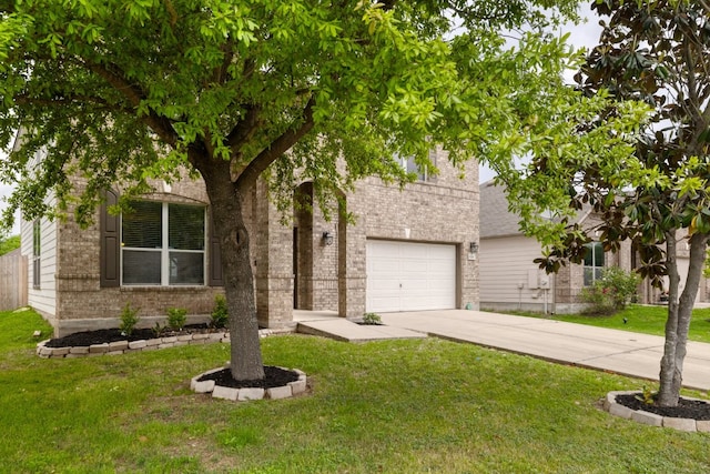8716 Panadero Dr, Austin, TX 78747 - obstructed view of property with driveway, a front yard, a garage, and brick siding
