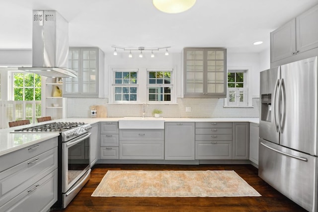 kitchen with appliances with stainless steel finishes, a sink, gray cabinetry, island exhaust hood, and dark wood-style flooring