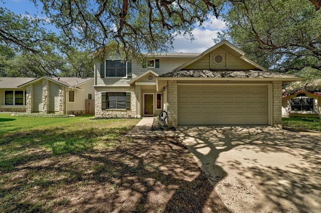 7201 Pine Bluffs Trl, Austin, TX 78729 - traditional-style home featuring driveway, a garage, a front lawn, and stone siding