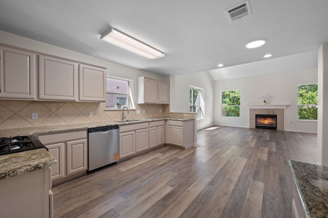 1532 Lorson Loop, Round Rock, TX 78665 - kitchen with dishwasher, tasteful backsplash, light wood-style flooring, open floor plan, and a sink