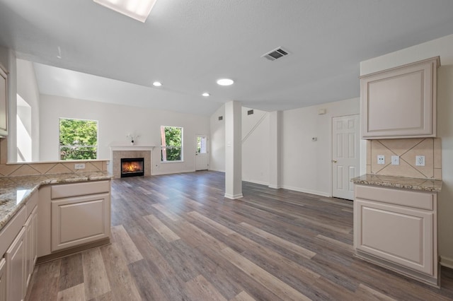 1532 Lorson Loop, Round Rock, TX 78665 - kitchen featuring open floor plan, decorative backsplash, wood finished floors, a warm lit fireplace, and recessed lighting