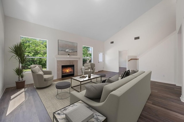 1532 Lorson Loop, Round Rock, TX 78665 - living area featuring plenty of natural light, high vaulted ceiling, dark wood finished floors, a fireplace, and baseboards