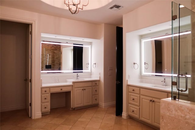 7228 Oak Shores Dr, Austin, TX 78730 - full bathroom featuring tile patterned floors, two vanities, baseboards, a chandelier, and a stall shower