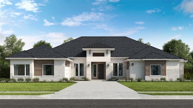 contemporary house with stone siding, a front lawn, and a shingled roof