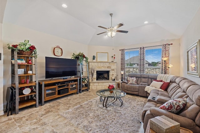 4216 Hannover Way, Round Rock, TX 78681 - living room with ceiling fan, vaulted ceiling, a stone fireplace, and recessed lighting
