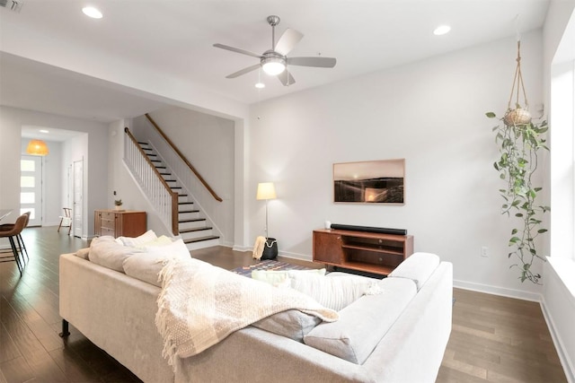 2204 Robert Browning St, Austin, TX 78723 - living room with stairs, recessed lighting, ceiling fan, wood finished floors, and baseboards