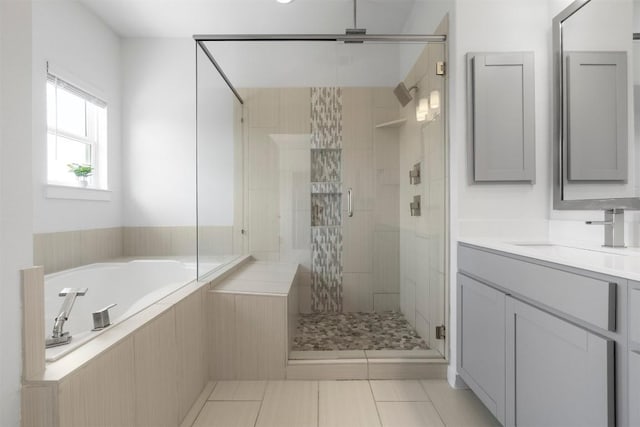 2204 Robert Browning St, Austin, TX 78723 - bathroom featuring a garden tub, a stall shower, tile patterned flooring, and vanity