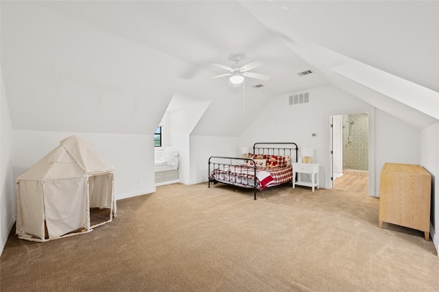 19905 Hamilton Pool Rd, Dripping Springs, TX 78620 - carpeted bedroom with lofted ceiling, baseboards, and ceiling fan