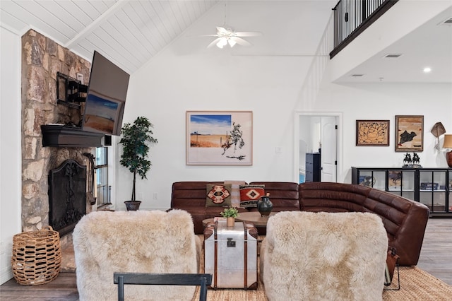 19905 Hamilton Pool Rd, Dripping Springs, TX 78620 - living room featuring wood finished floors, a fireplace, high vaulted ceiling, ceiling fan, and wooden ceiling