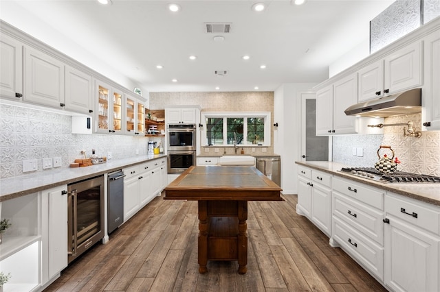 19905 Hamilton Pool Rd, Dripping Springs, TX 78620 - kitchen with under cabinet range hood, stainless steel appliances, beverage cooler, a sink, and white cabinets