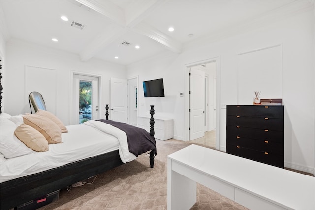 19905 Hamilton Pool Rd, Dripping Springs, TX 78620 - bedroom featuring beam ceiling, recessed lighting, light colored carpet, access to outside, and ornamental molding