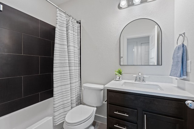 6008 Rubicon Run, Austin, TX 78745 - bathroom with vanity, toilet, and shower / bathtub combination with curtain