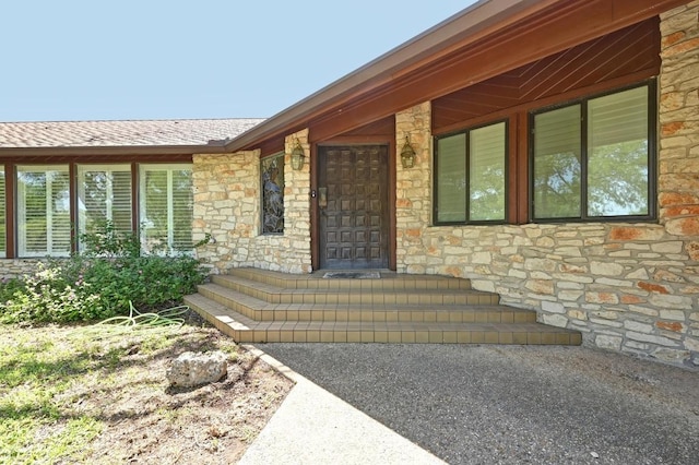 107 Phalarope Dr, Buda, TX 78610 - view of exterior entry featuring stone siding and roof with shingles