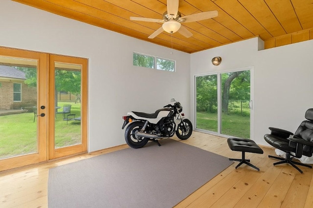 7912 Burrell Dr, Austin, TX 78757 - exercise area featuring hardwood / wood-style flooring, wood ceiling, and ceiling fan