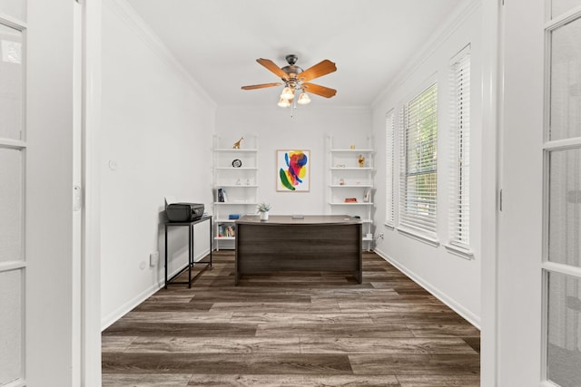 7016 Bending Oak Rd, Austin, TX 78749 - office featuring ceiling fan, crown molding, dark wood-style floors, and baseboards