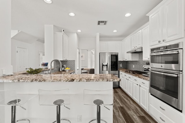 7016 Bending Oak Rd, Austin, TX 78749 - kitchen with stainless steel appliances, under cabinet range hood, a kitchen bar, stone counters, and decorative backsplash